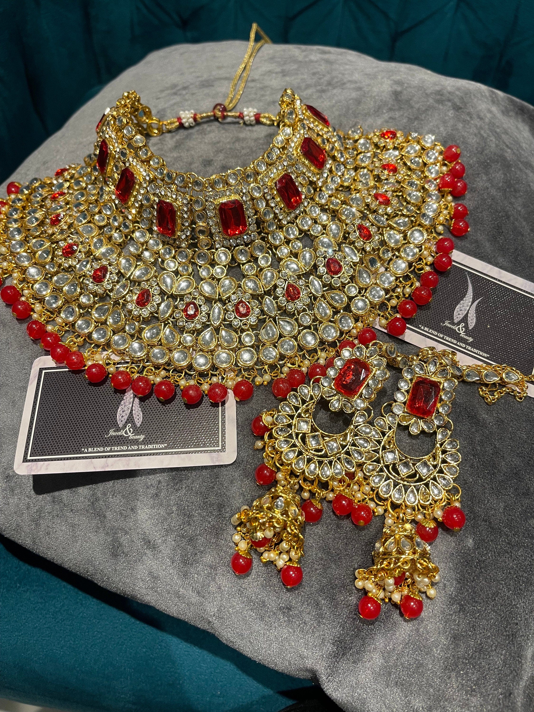 Red Kundan Choker and Chandballi Earrings Set: Indian Bridal Jewelry