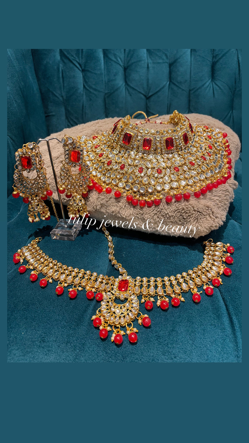 Red Kundan Choker and Chandballi Earrings Set: Indian Bridal Jewelry