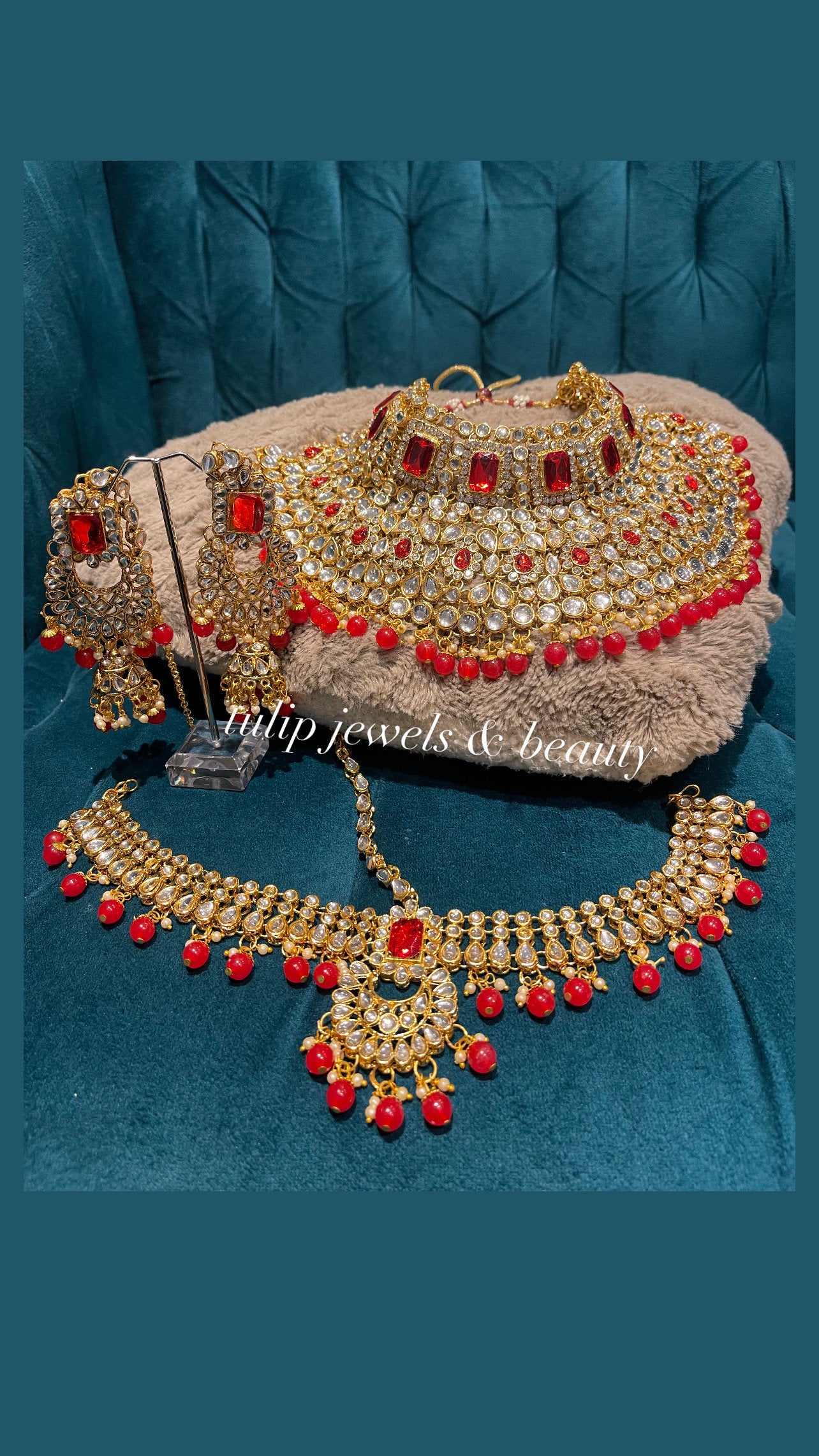 Red Kundan Choker and Chandballi Earrings Set: Indian Bridal Jewelry