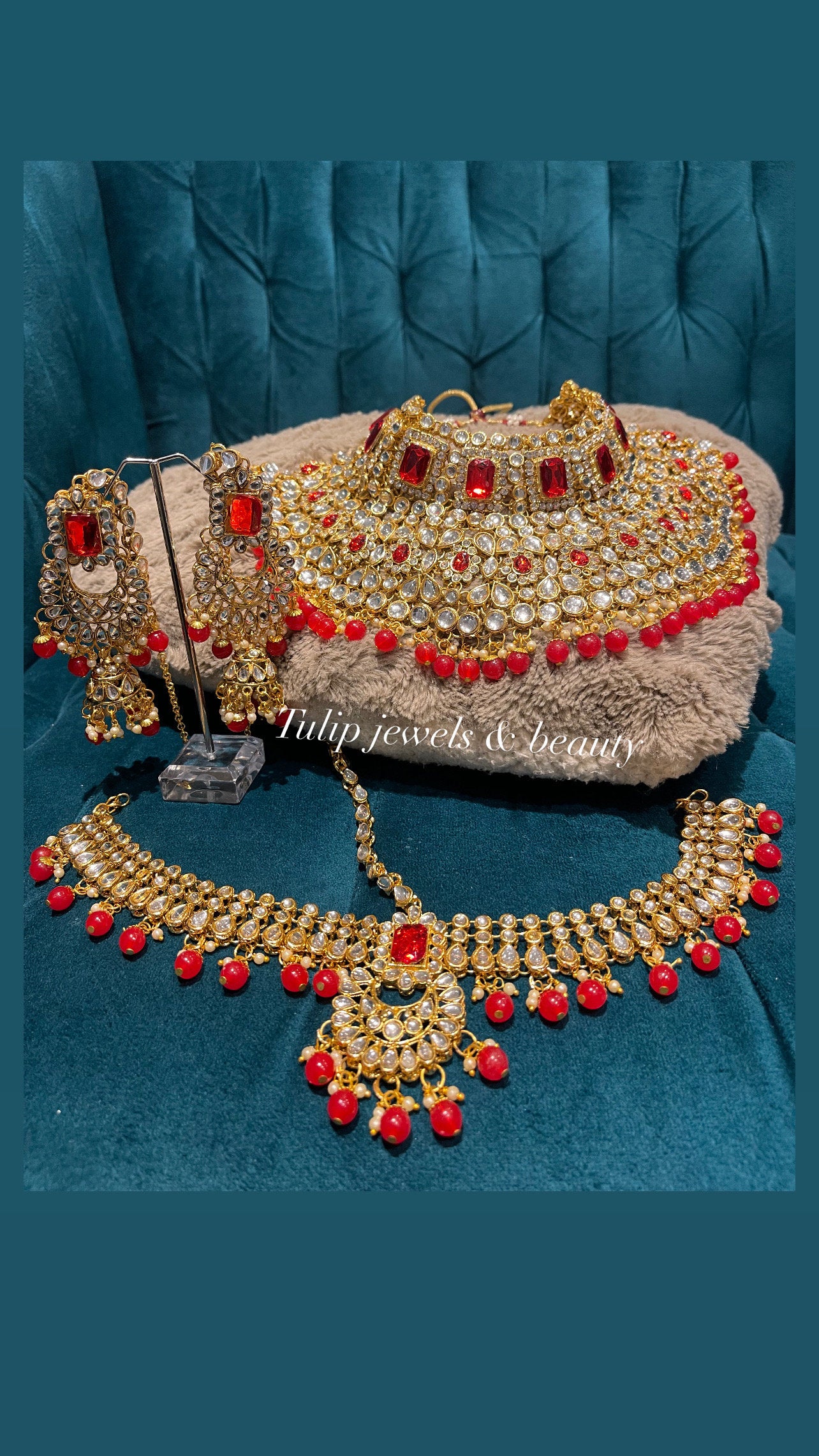 Red Kundan Choker and Chandballi Earrings Set: Indian Bridal Jewelry