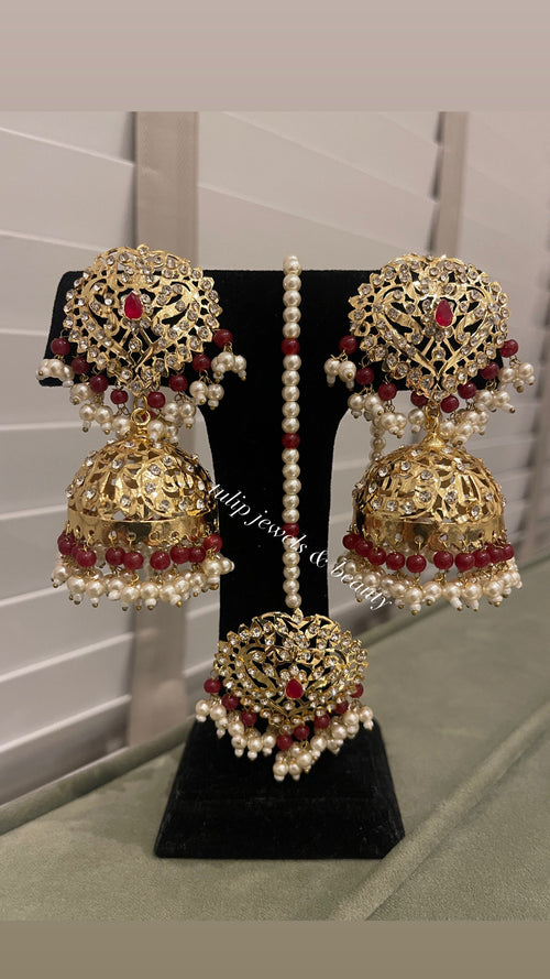 Gold Plated Jhumki Earrings and Tika Set: Meroon Stone, Pakistani Indian Jewelry