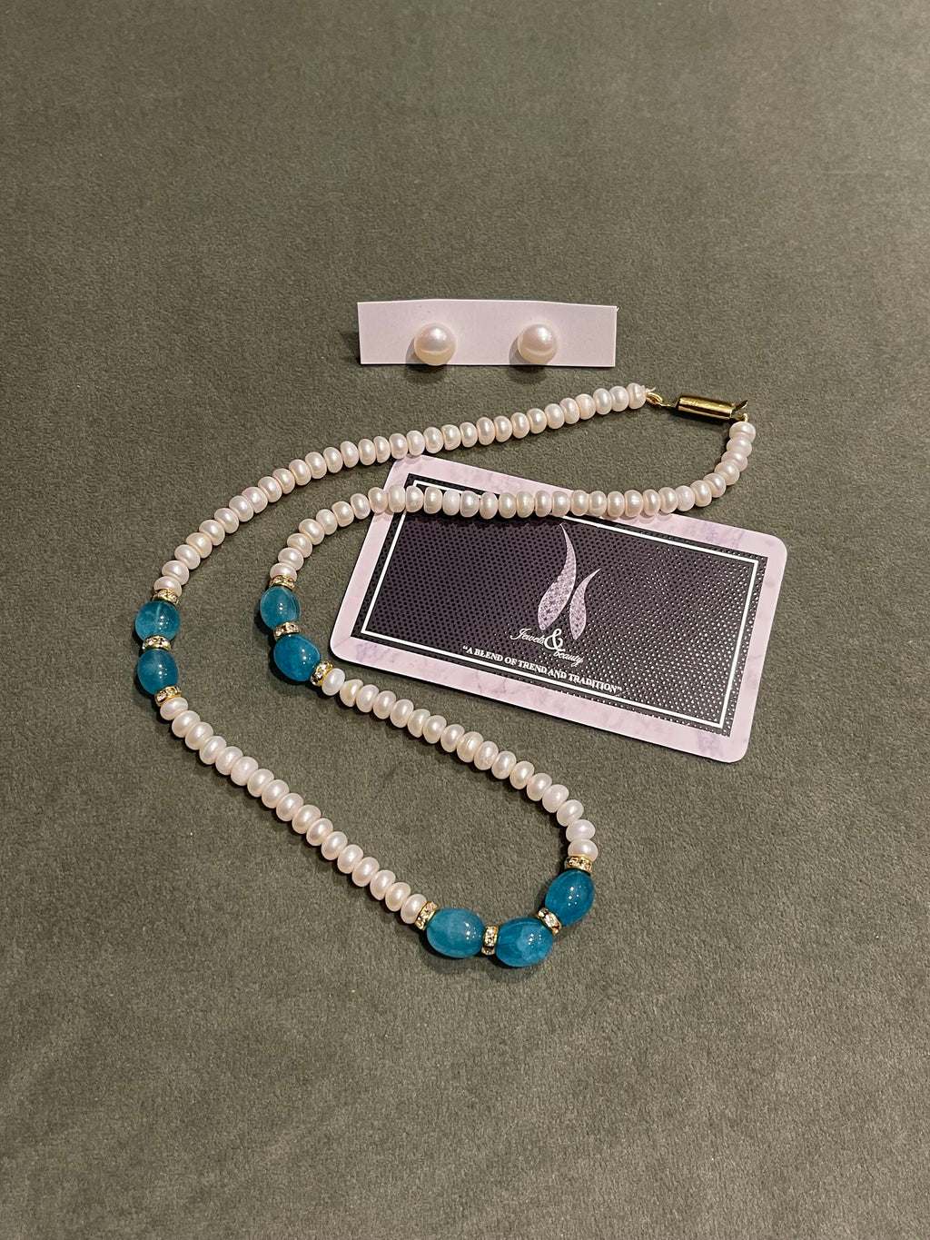 Real Pearl Necklace & Studs Set: Light Blue Indian Jewelry