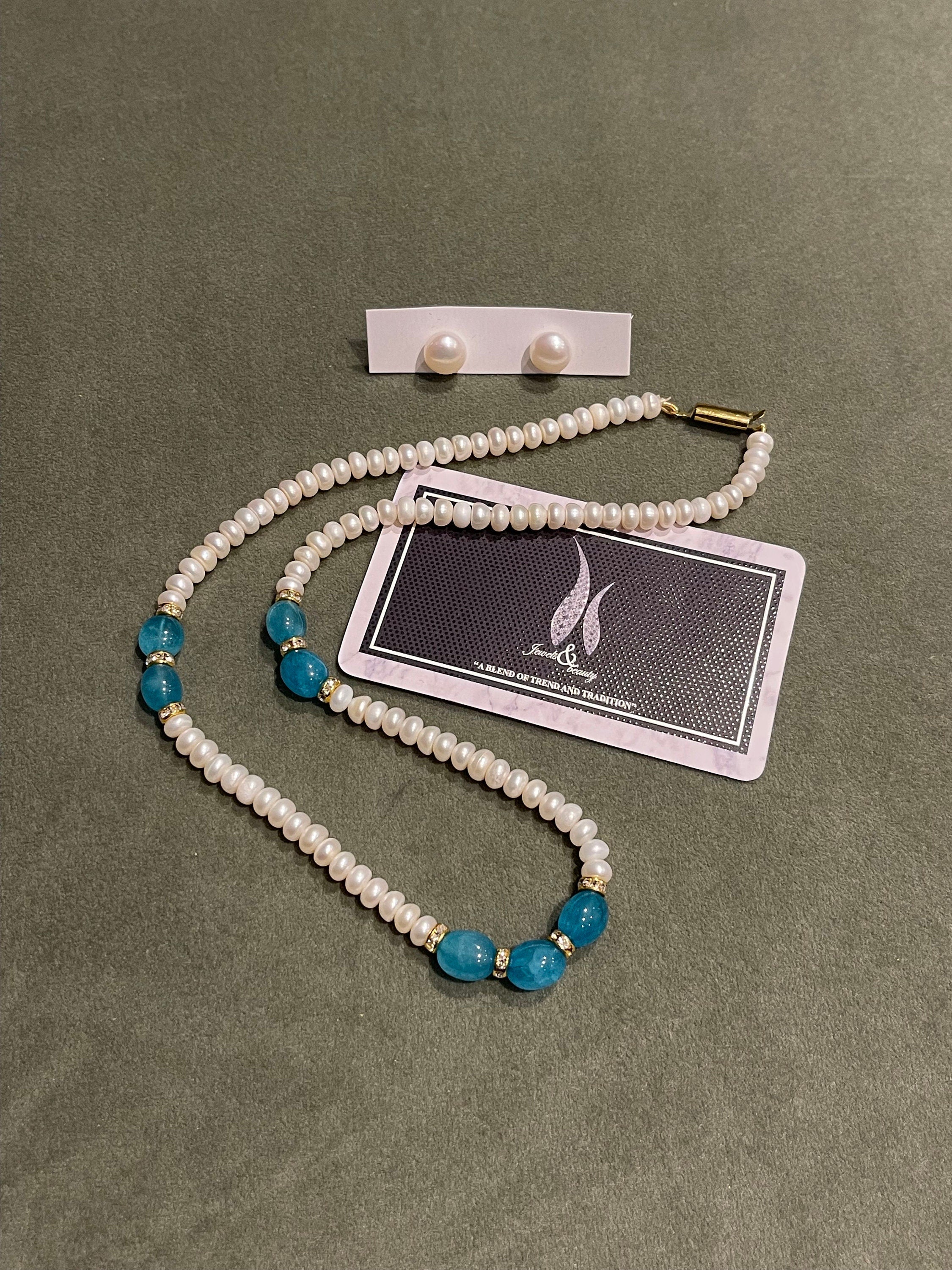 Real Pearl Necklace & Studs Set: Light Blue Indian Jewelry