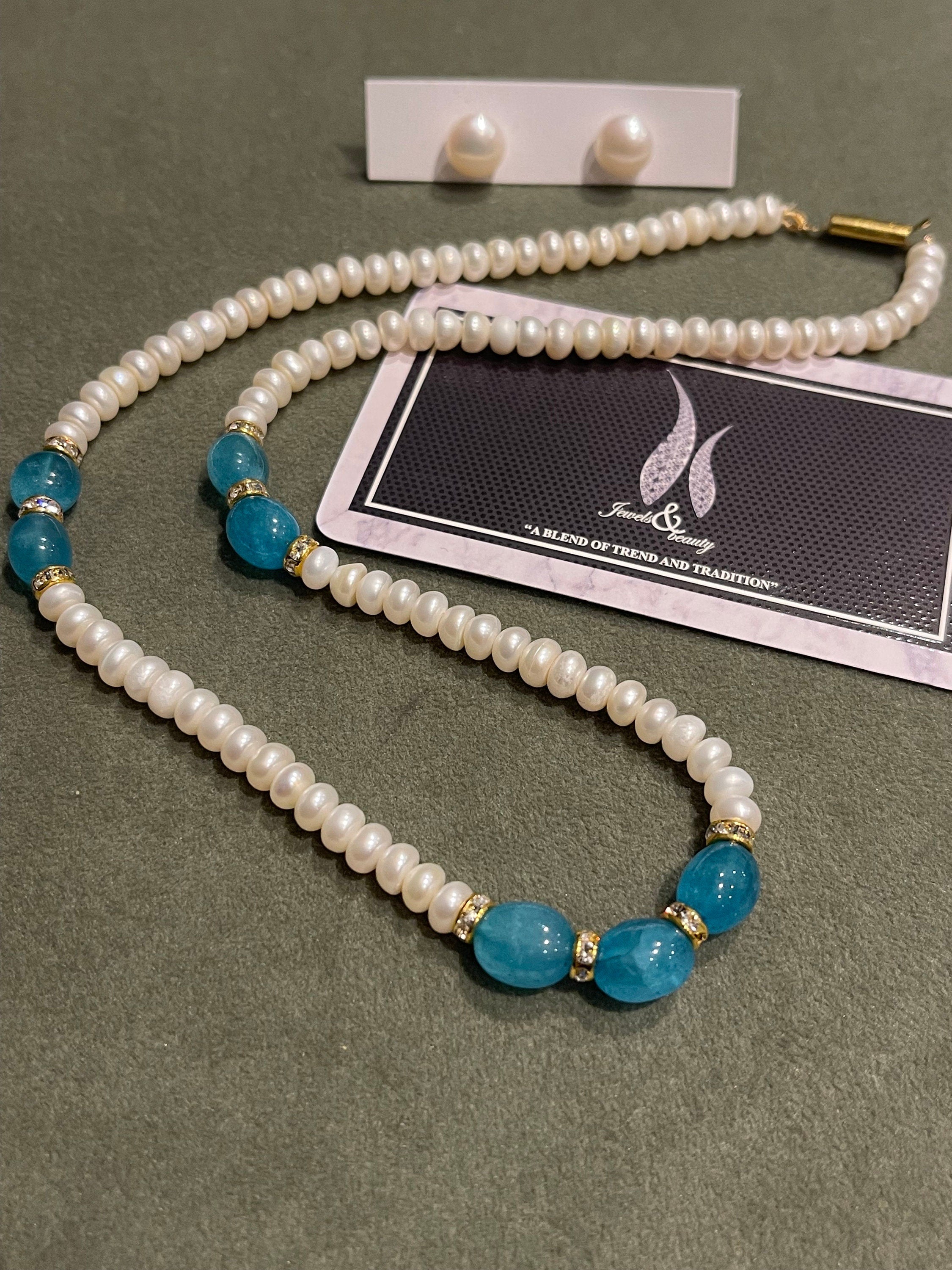 Real Pearl Necklace & Studs Set: Light Blue Indian Jewelry