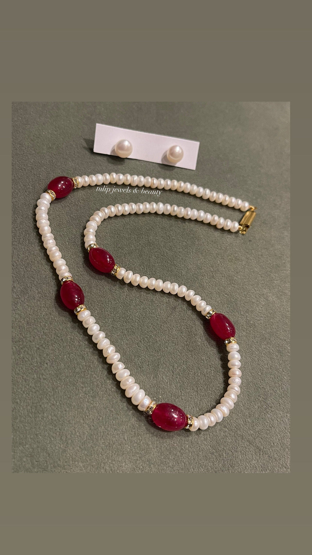 Real Pearl Necklace & Studs: Ruby Indian Jewelry Set