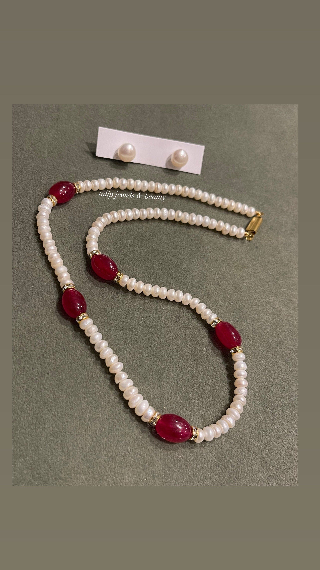 Real Pearl Necklace & Studs: Ruby Indian Jewelry Set