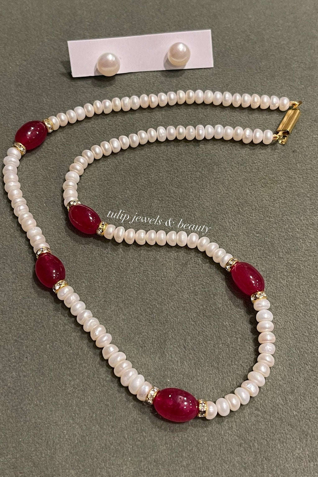 Real Pearl Necklace & Studs: Ruby Indian Jewelry Set