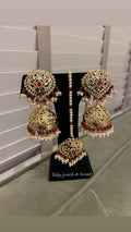 Gold Plated Jhumki Earrings and Tika Set: Meroon Stone, Pakistani Indian Jewelry
