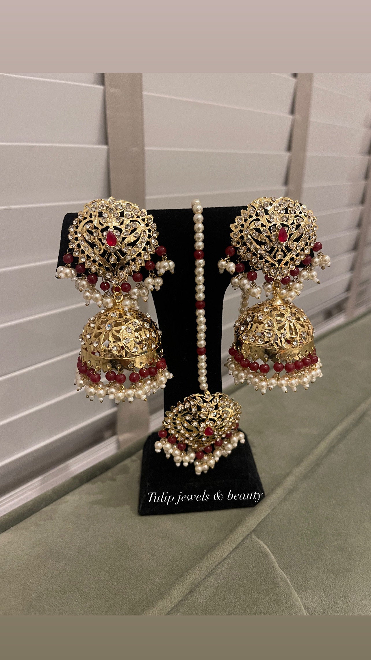 Gold Plated Jhumki Earrings and Tika Set: Meroon Stone, Pakistani Indian Jewelry