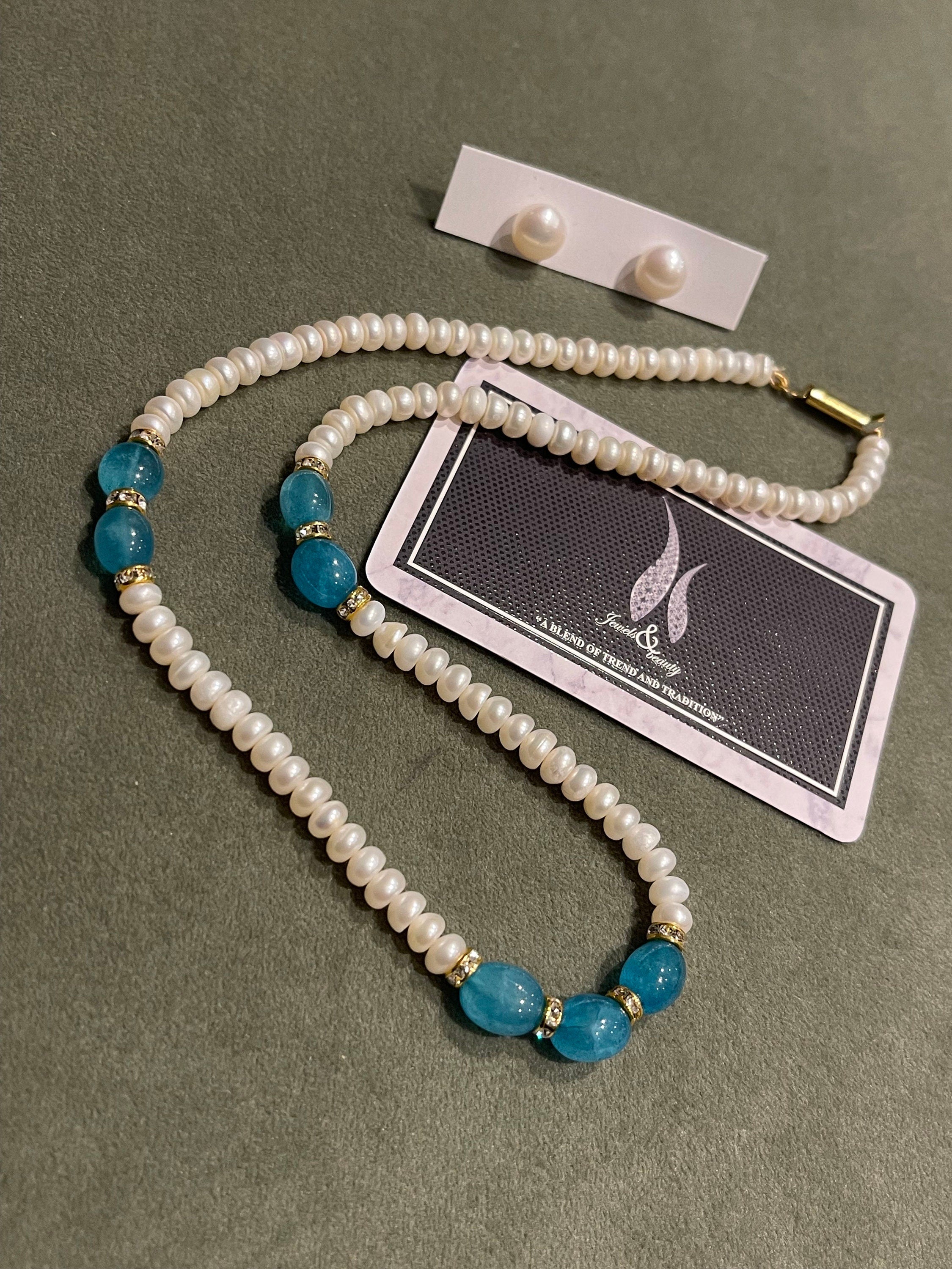 Real Pearl Necklace & Studs Set: Light Blue Indian Jewelry