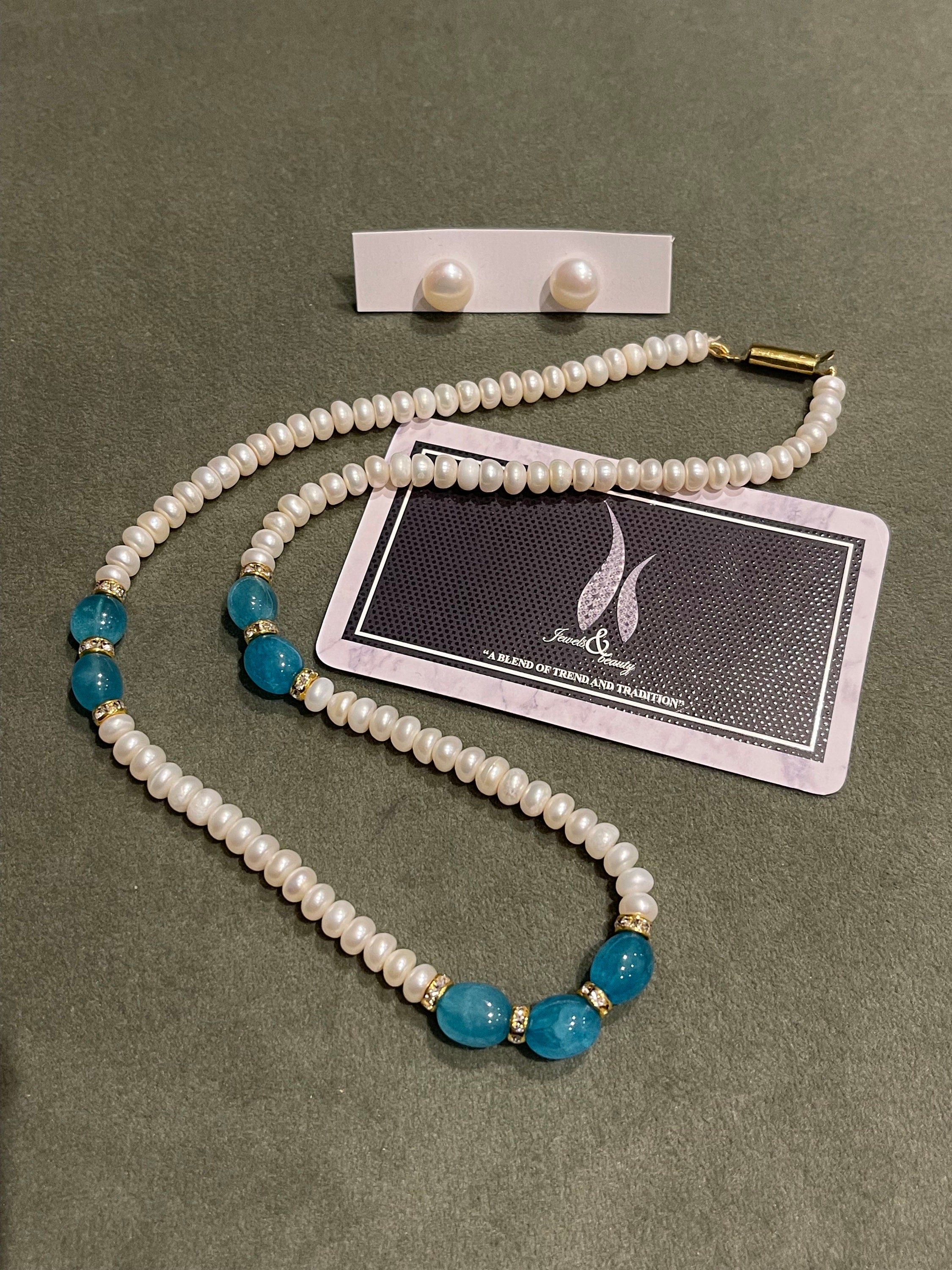 Real Pearl Necklace & Studs Set: Light Blue Indian Jewelry