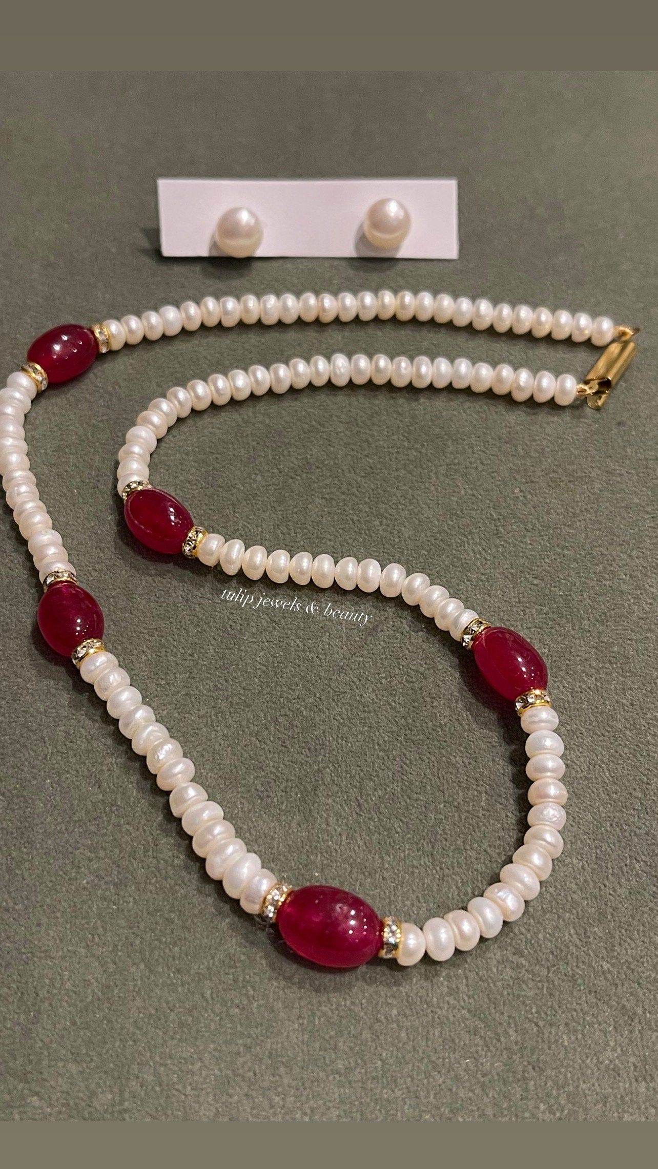 Real Pearl Necklace & Studs: Ruby Indian Jewelry Set