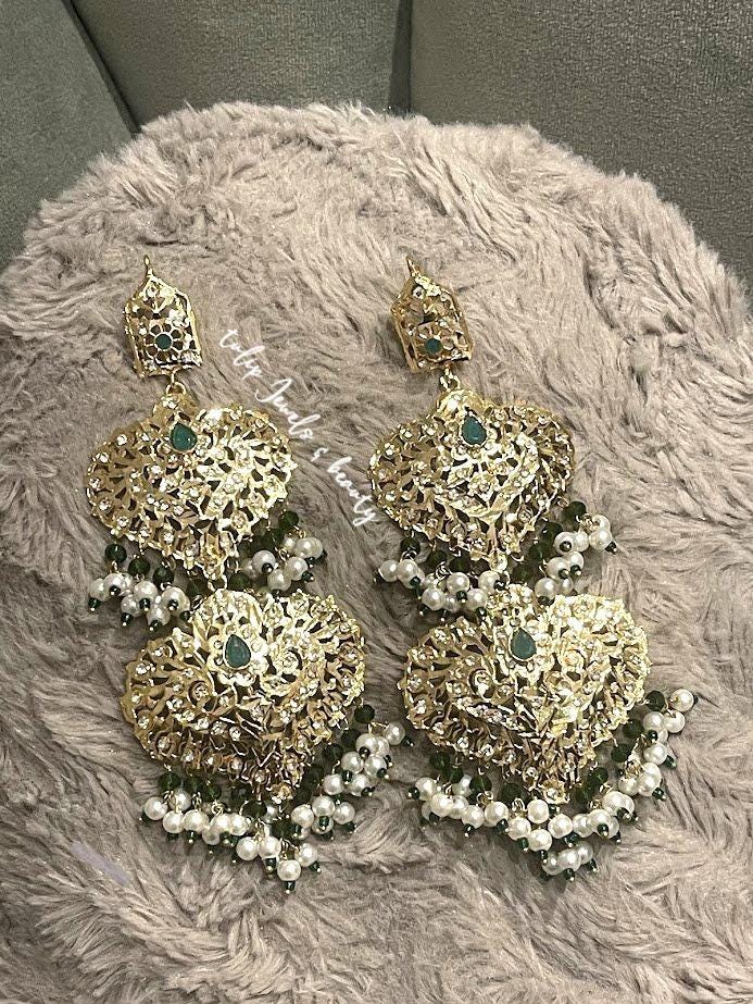 Hyderabadi Style Earrings: Indian Bridal Jewelry, Gold Plated, Green Stone