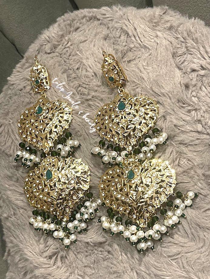 Hyderabadi Style Earrings: Indian Bridal Jewelry, Gold Plated, Green Stone