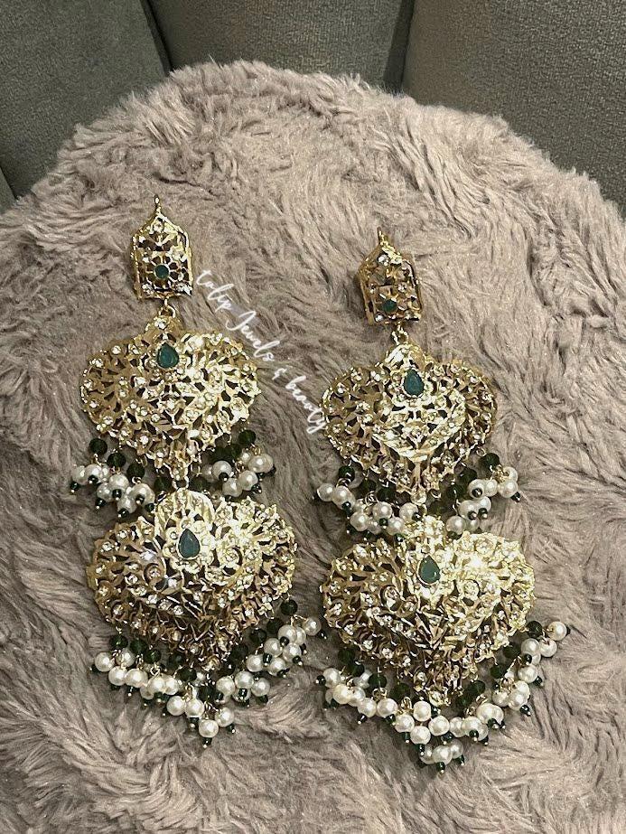 Hyderabadi Style Earrings: Indian Bridal Jewelry, Gold Plated, Green Stone