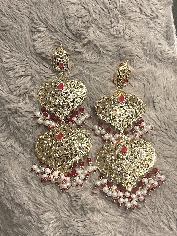 Hyderabadi Style Gold Plated Earrings: Red Bridal Jewelry