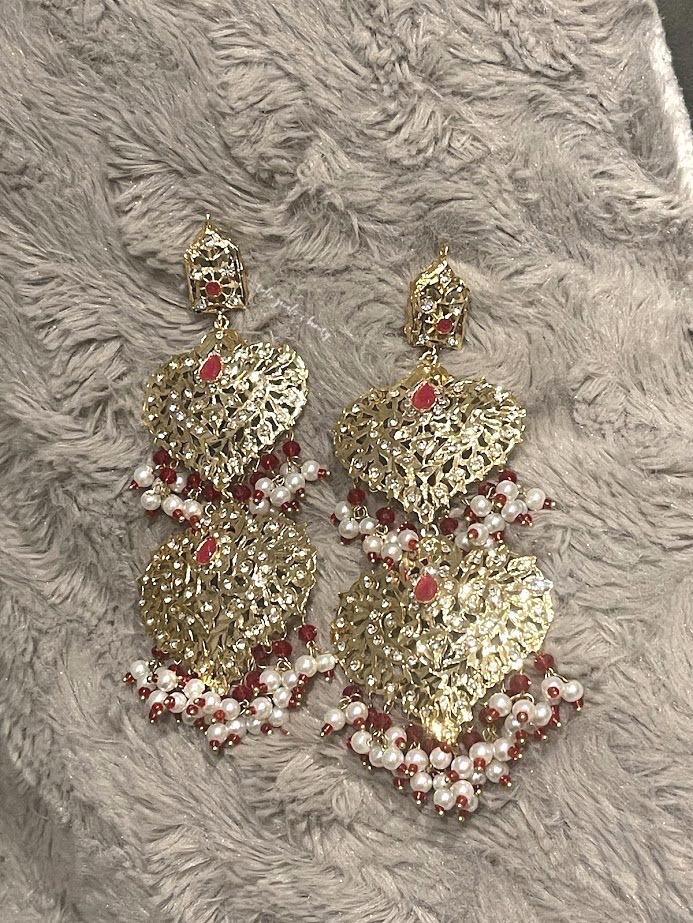 Hyderabadi Style Gold Plated Earrings: Red Bridal Jewelry