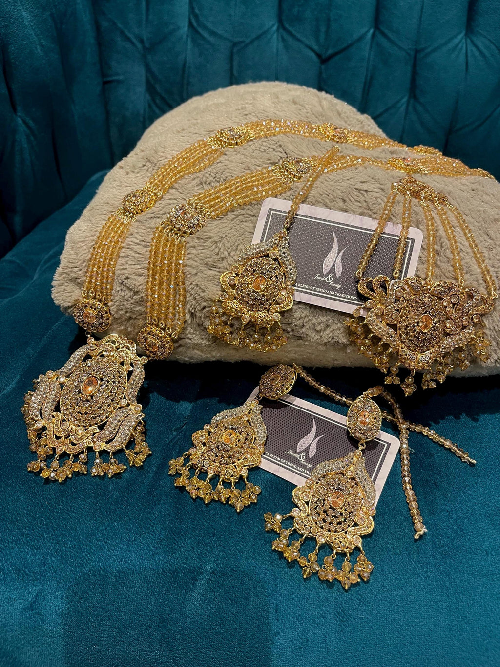 Gold Plated Pakistani Rani Haar Set: Tikka, Jhummar & Earrings