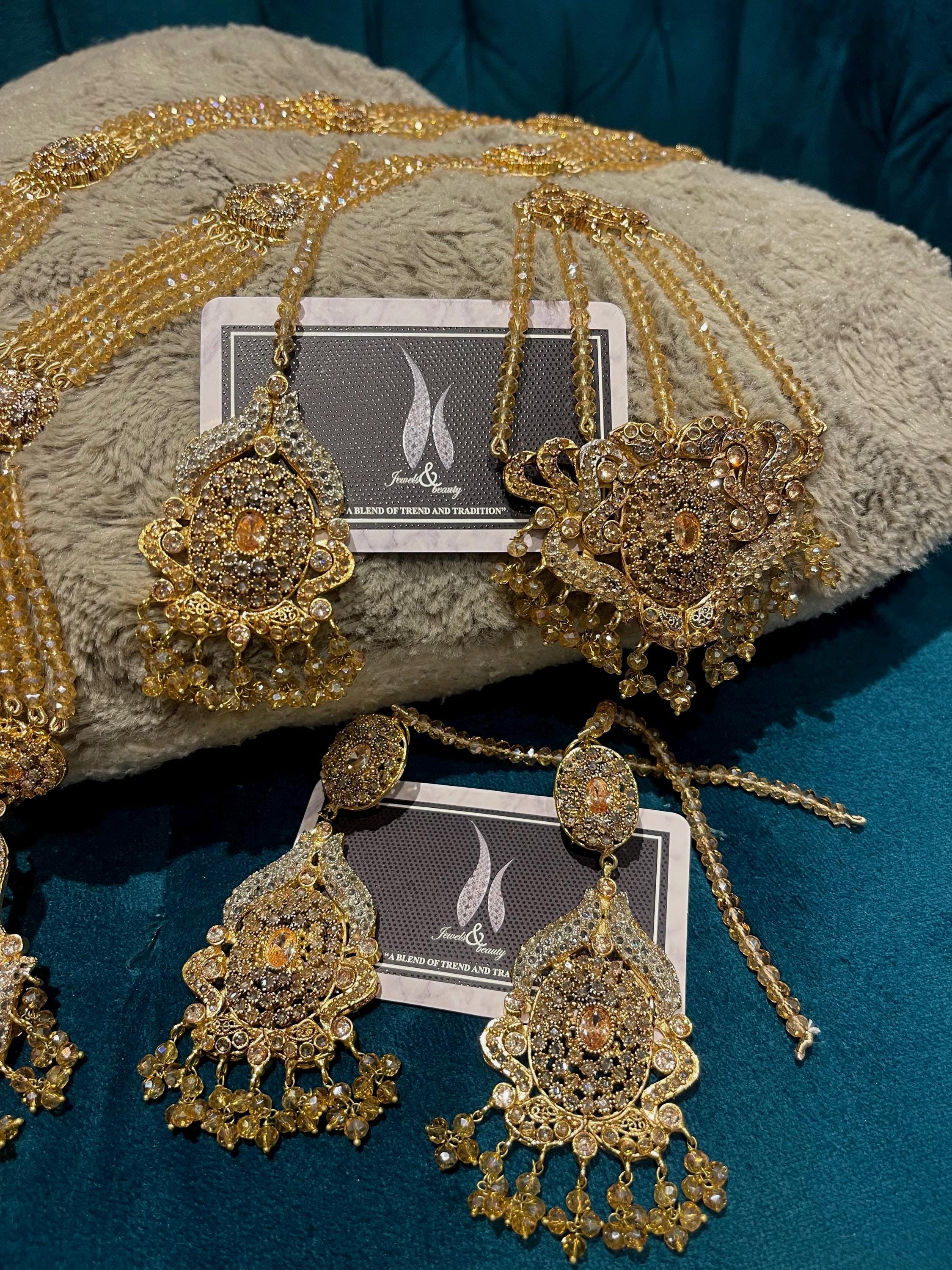 Gold Plated Pakistani Rani Haar Set: Tikka, Jhummar & Earrings