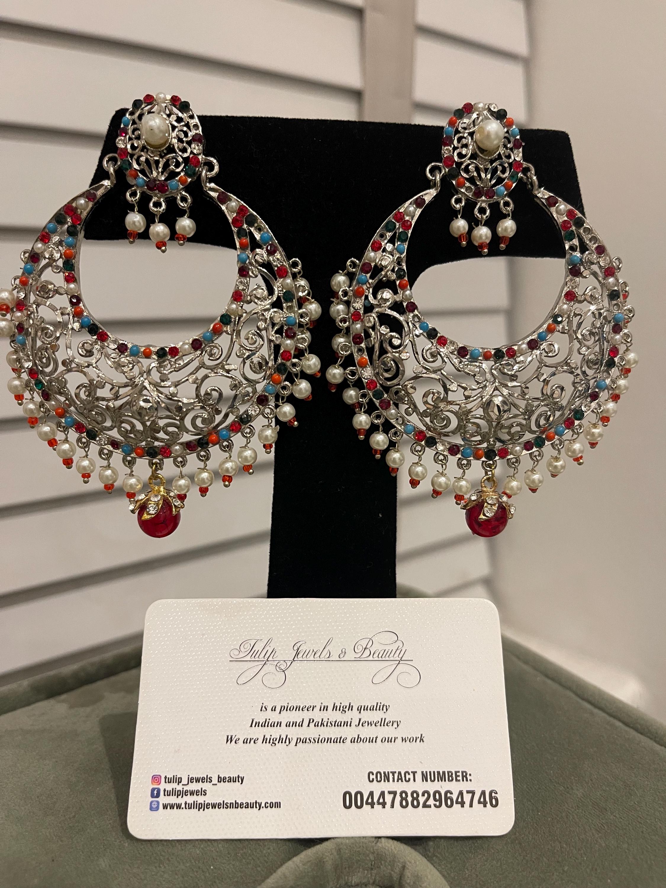 Hyderabadi Chandbali Earrings: Silver Plated Pakistani Jewelry