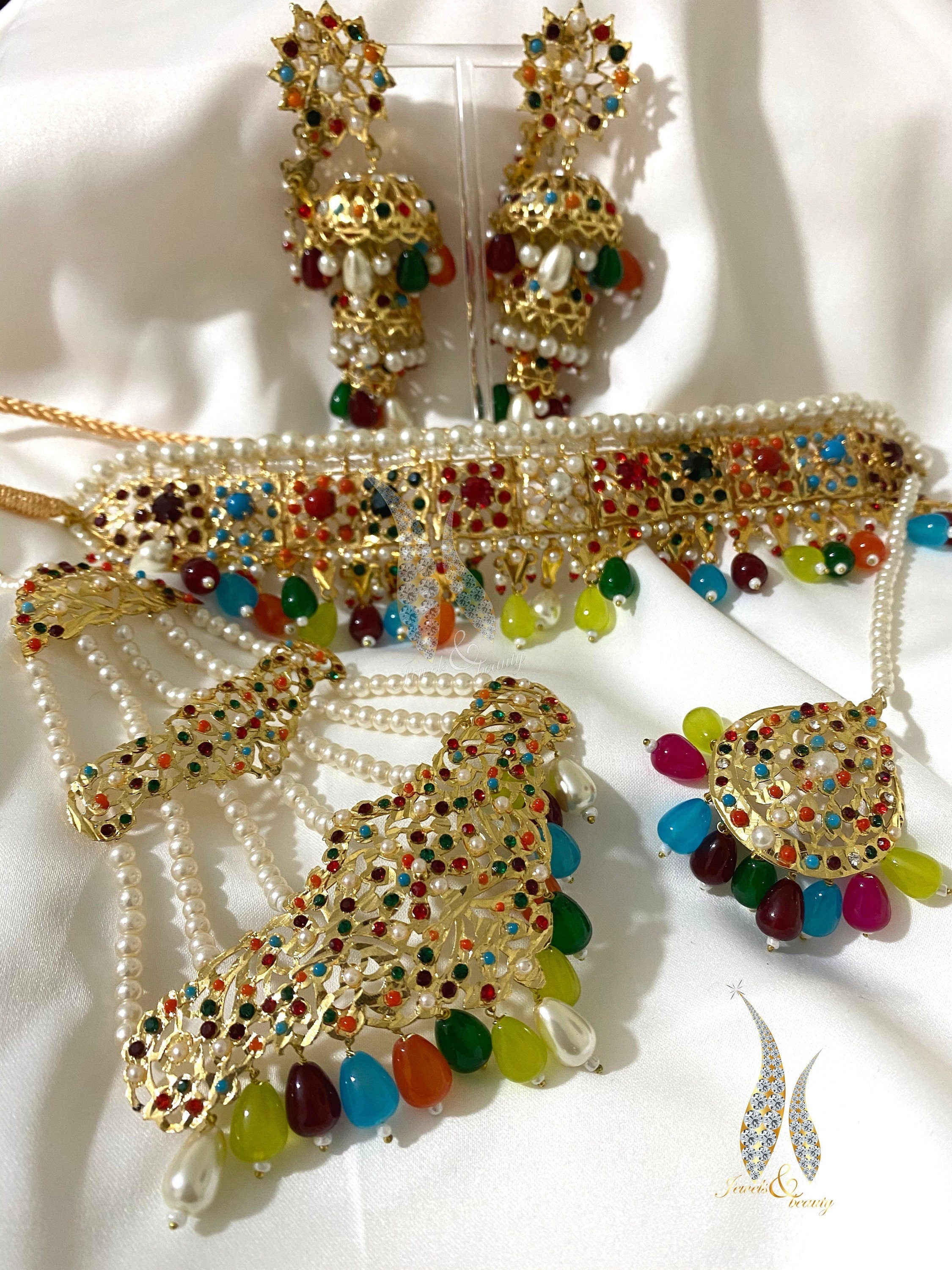 Gold Plated Mughal Choker Set: Indian Bridal Jewelry with Jhumki