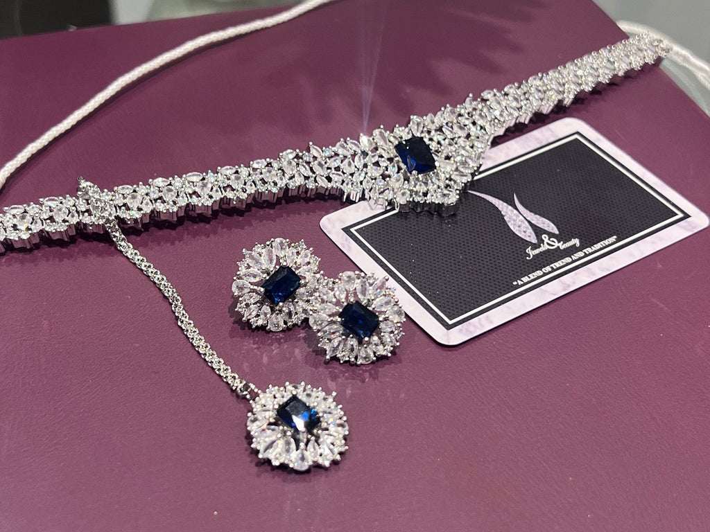 Indian CZ stones Silver sapphire blue Choker Necklace, Earrings, tikka Set - Perfect Engagement Gift