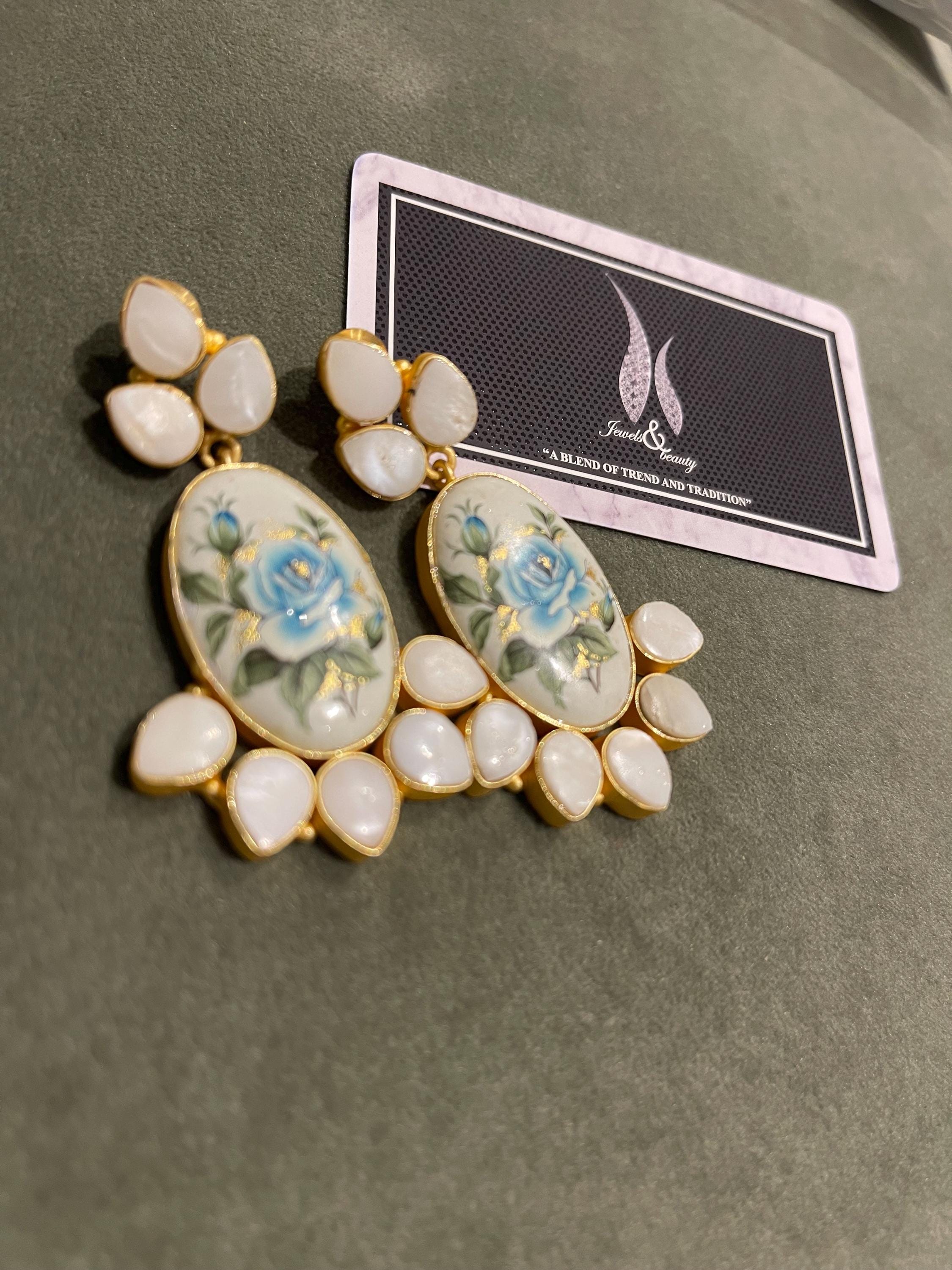 Real Pearl Drop Earrings: Japanese Beads, Blue Flower Art