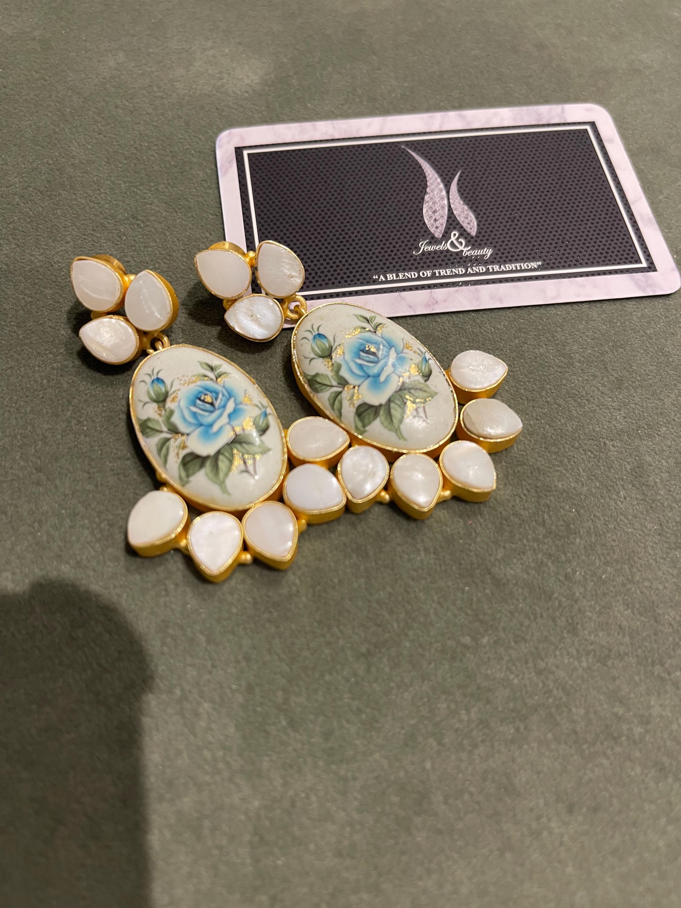 Real Pearl Drop Earrings: Japanese Beads, Blue Flower Art