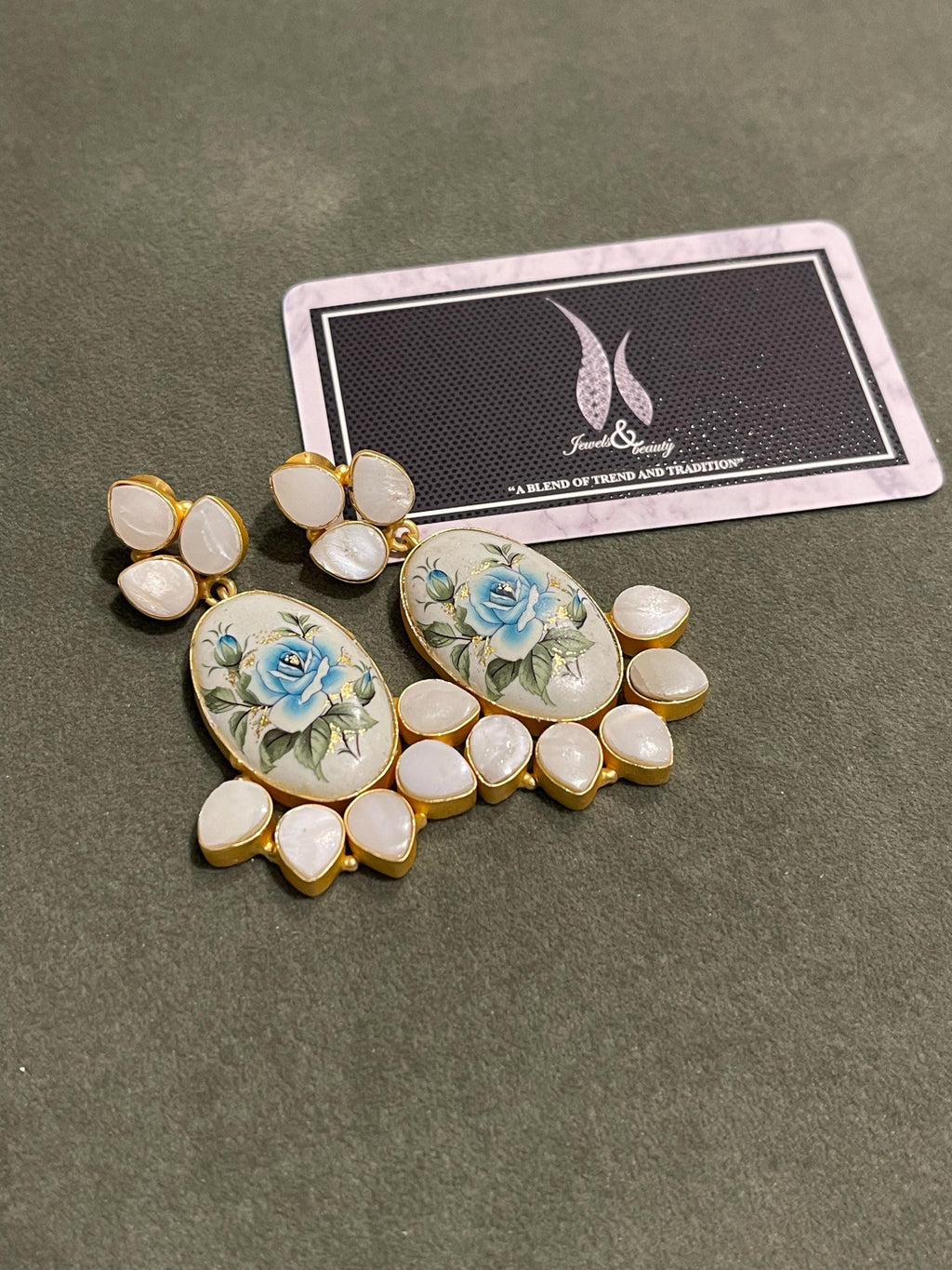Real Pearl Drop Earrings: Japanese Beads, Blue Flower Art