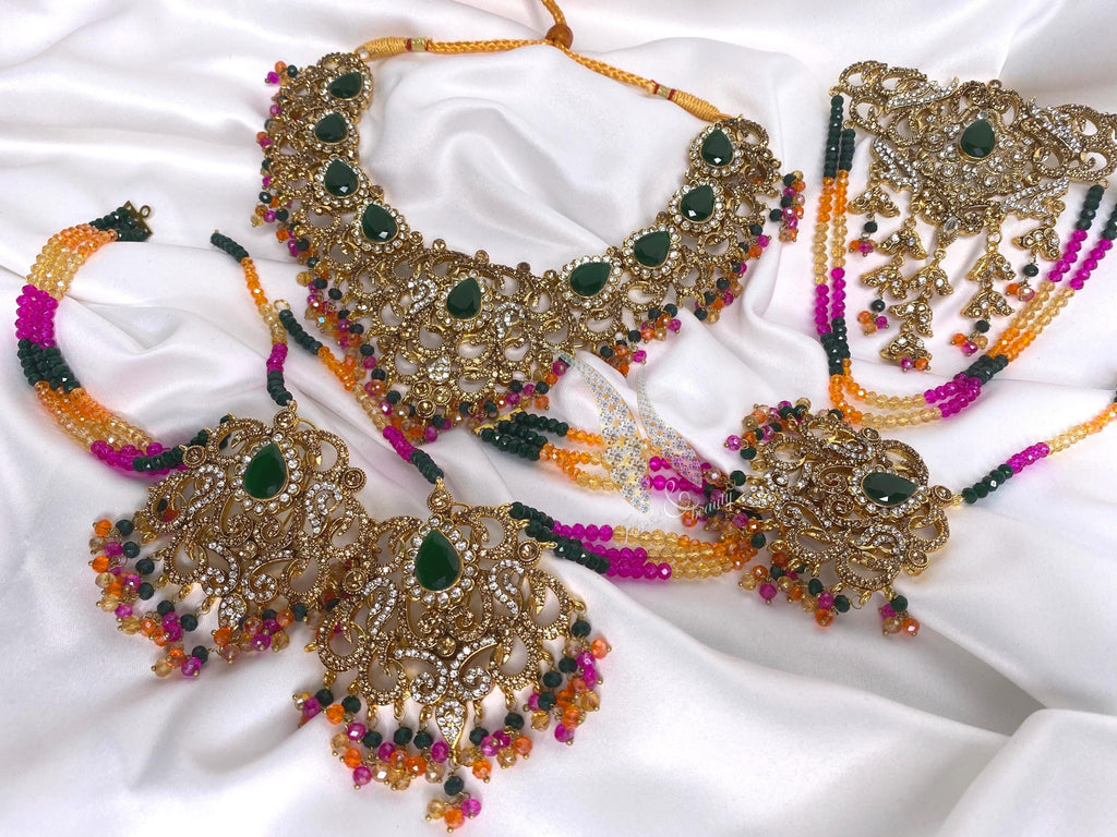 Indian Wedding Jewelry Set: Green Stone Necklace, Earrings, Tikka, Jhummar