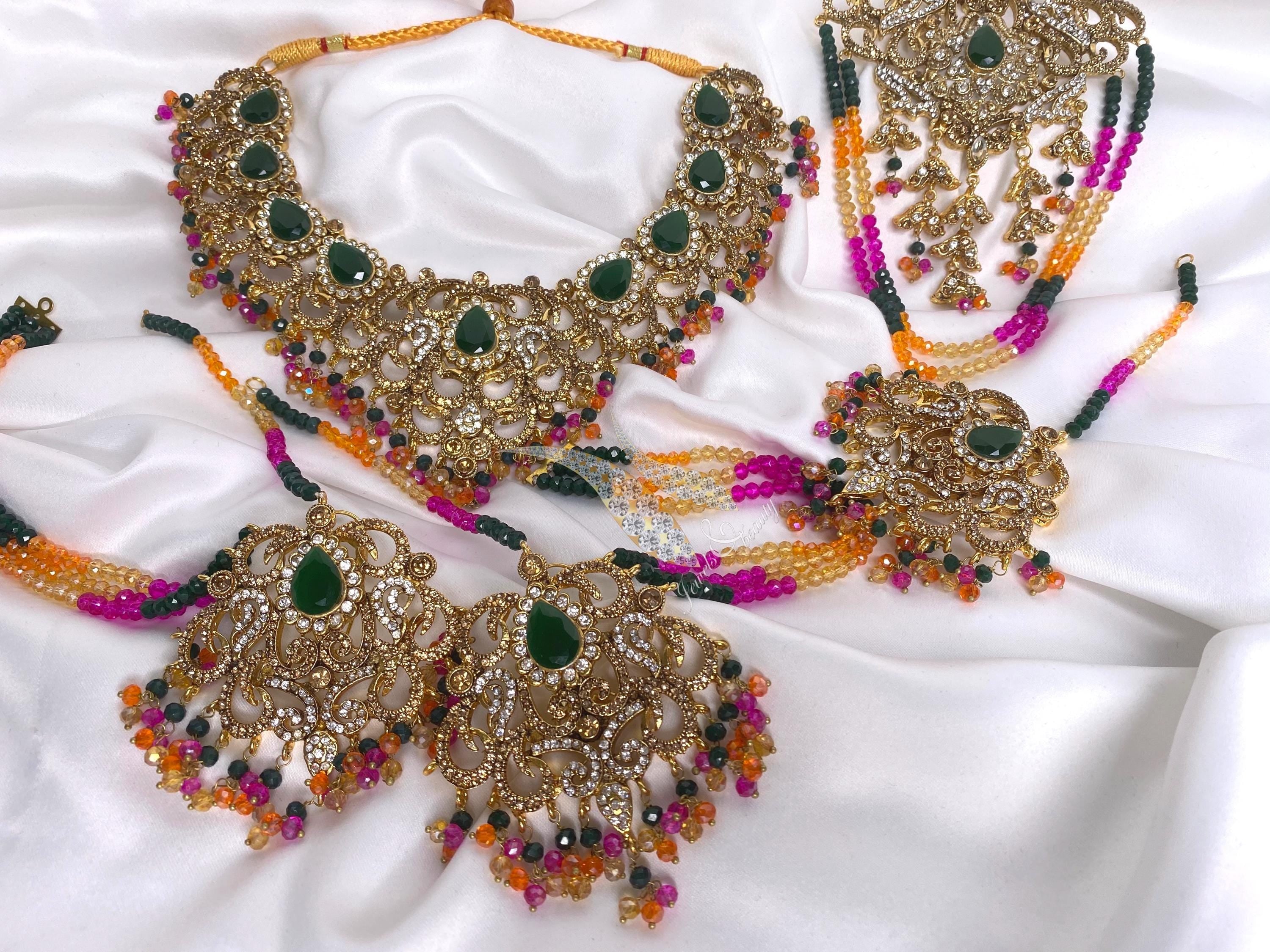 Indian Wedding Jewelry Set: Green Stone Necklace, Earrings, Tikka, Jhummar