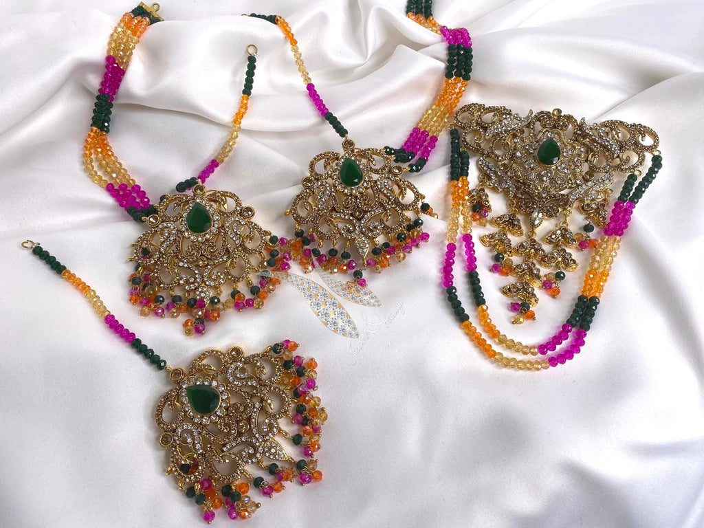 Indian Wedding Jewelry Set: Green Stone Necklace, Earrings, Tikka, Jhummar