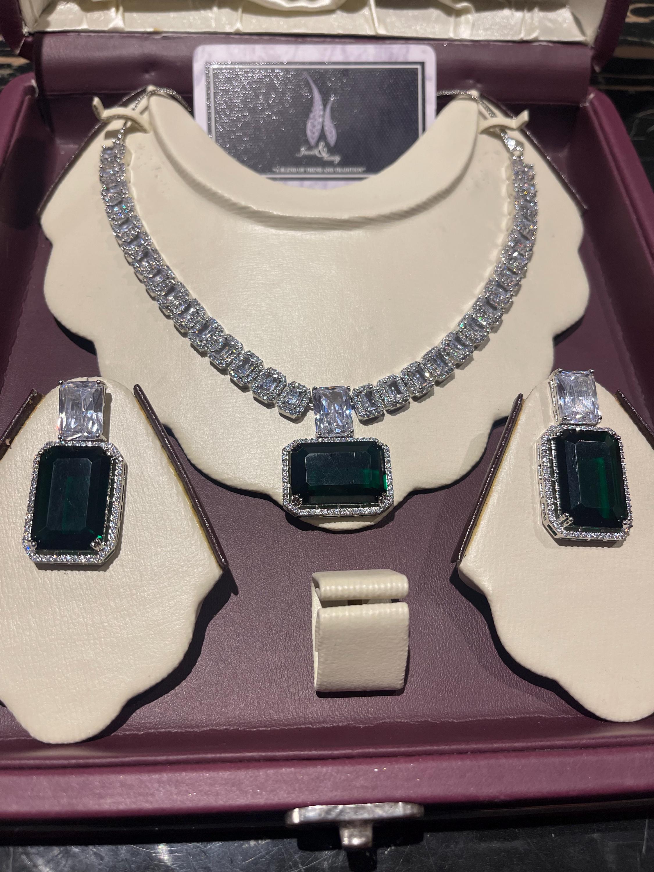 Emerald CZ Diamond Bridal Necklace Earring Set: Silver Wedding Jewelry