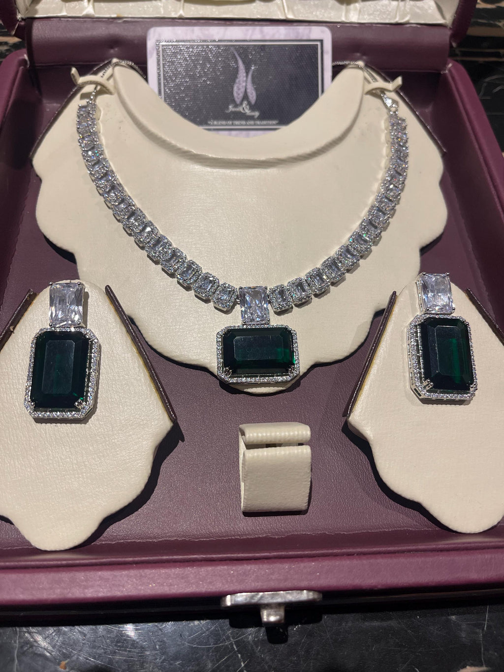 Emerald CZ Diamond Bridal Necklace Earring Set: Silver Wedding Jewelry