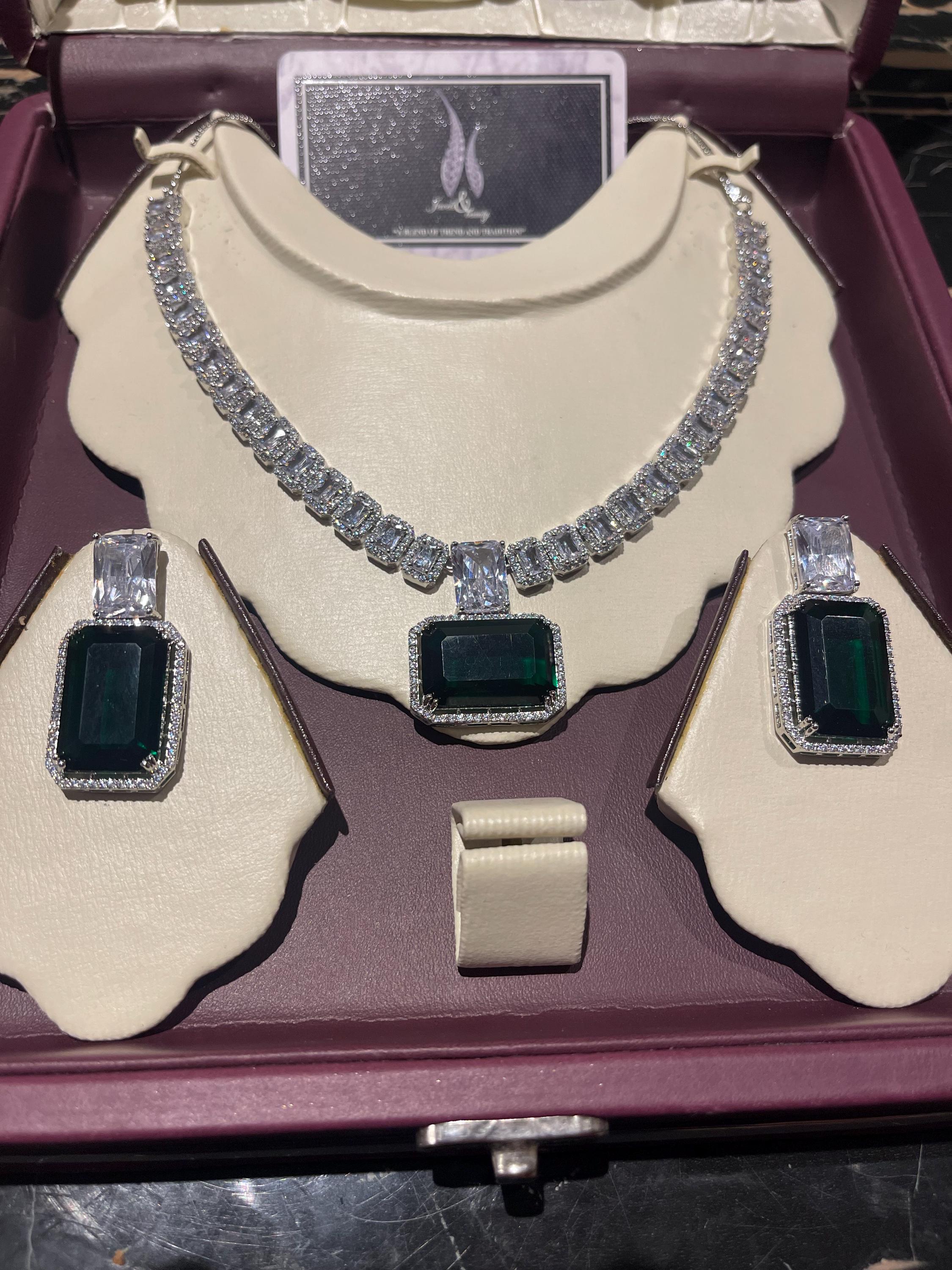 Emerald CZ Diamond Bridal Necklace Earring Set: Silver Wedding Jewelry