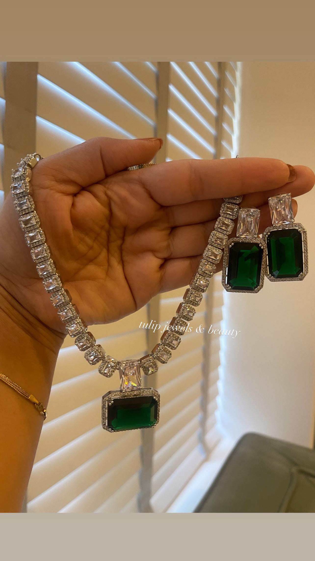 Emerald CZ Diamond Bridal Necklace Earring Set: Silver Wedding Jewelry