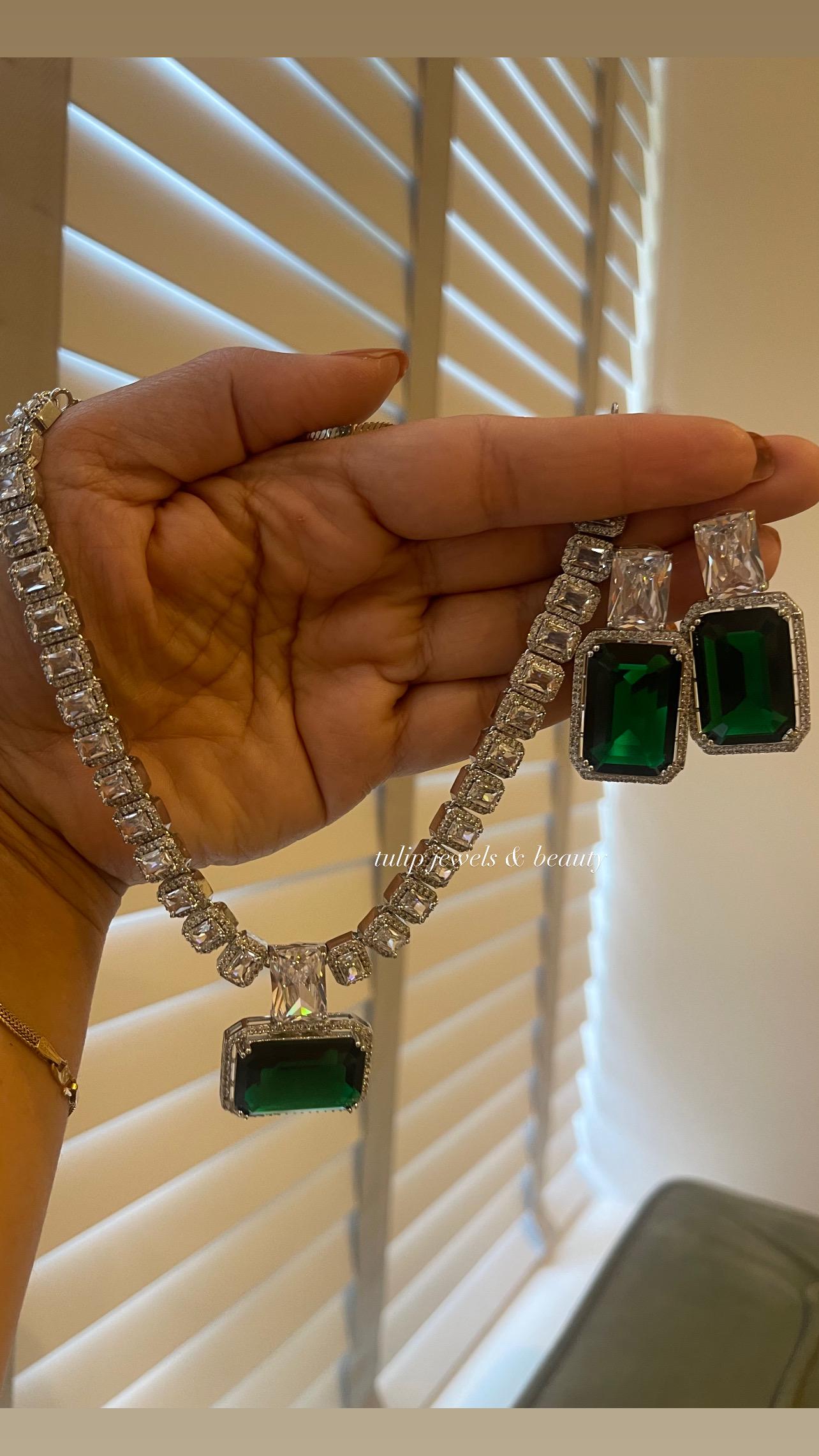 Emerald CZ Diamond Bridal Necklace Earring Set: Silver Wedding Jewelry