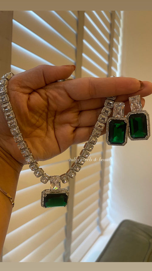 Emerald CZ Diamond Bridal Necklace Earring Set: Silver Wedding Jewelry