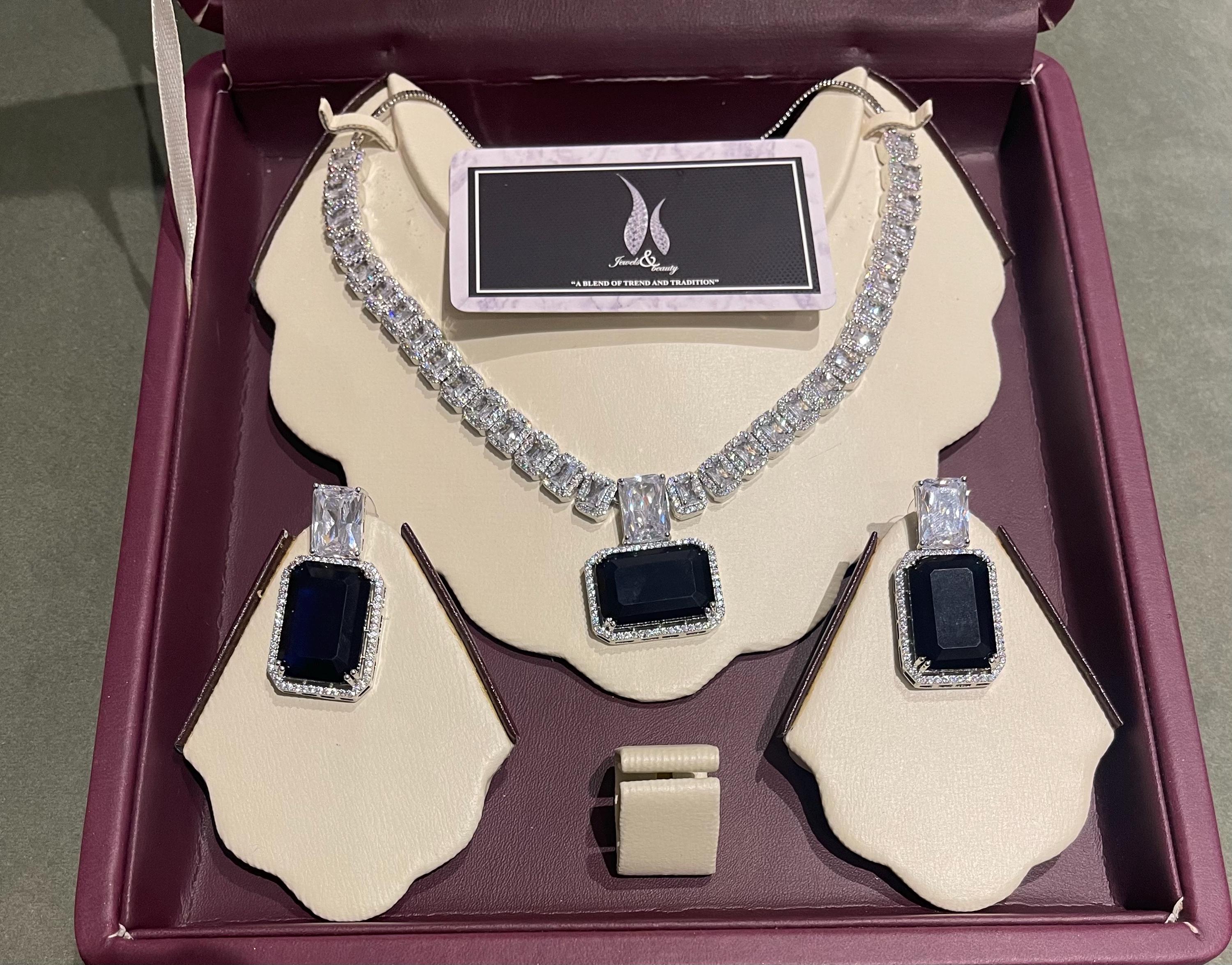 Indian Bridal CZ Diamond Necklace Set: Silver Sapphire Jewelry