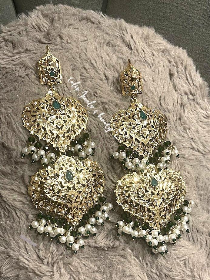 Hyderabadi Style Earrings: Indian Bridal Jewelry, Gold Plated, Green Stone