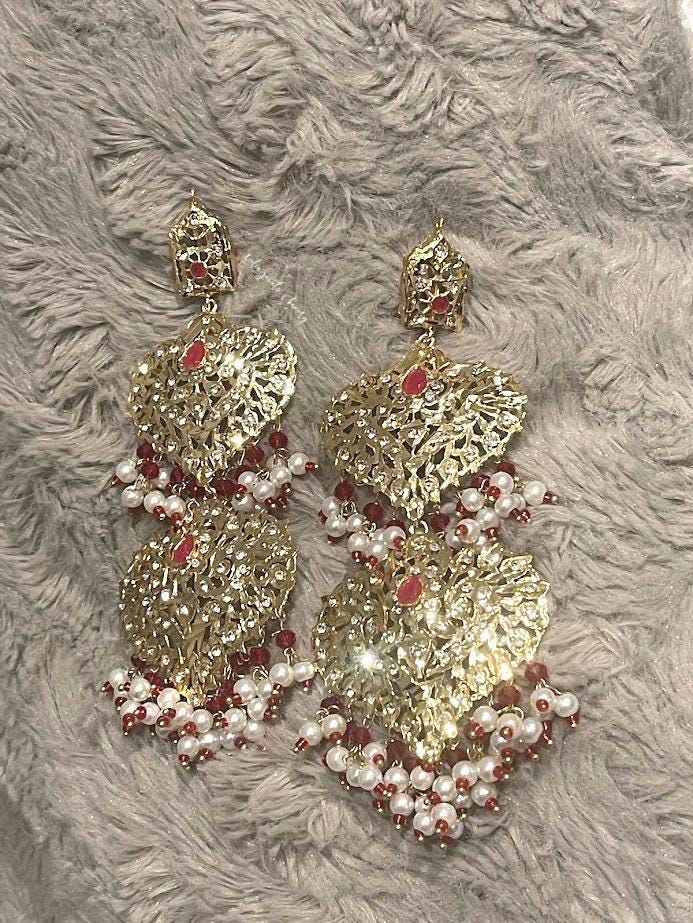 Hyderabadi Style Gold Plated Earrings: Red Bridal Jewelry