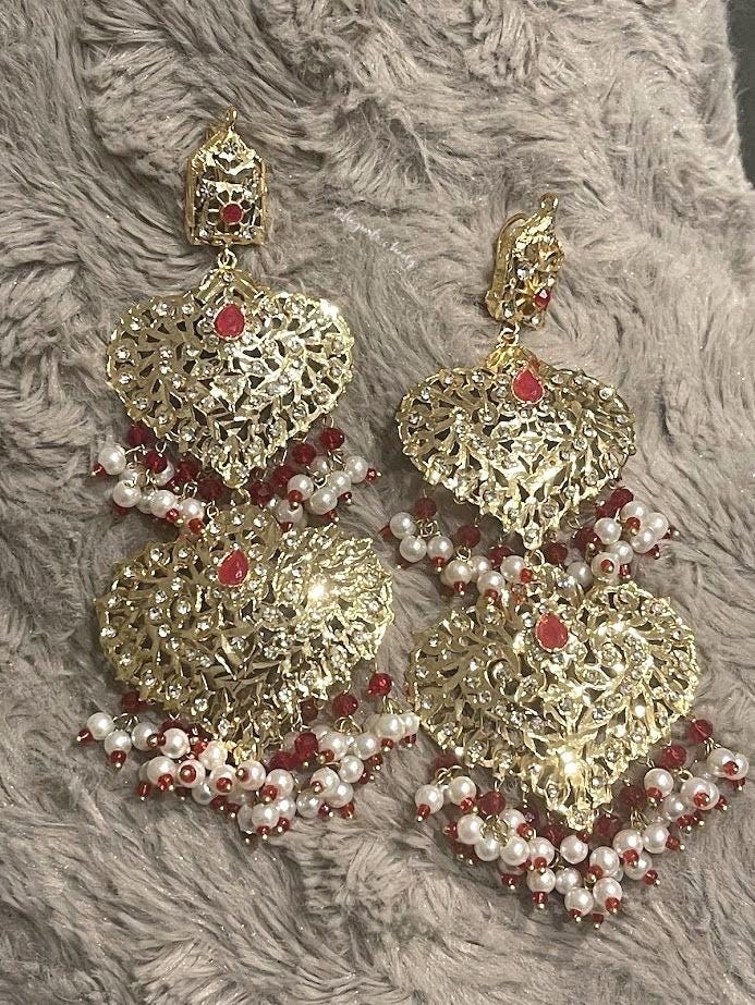 Hyderabadi Style Gold Plated Earrings: Red Bridal Jewelry