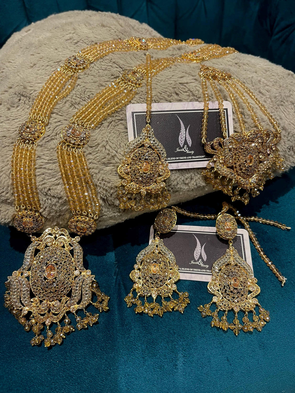 Gold Plated Pakistani Rani Haar Set: Tikka, Jhummar & Earrings