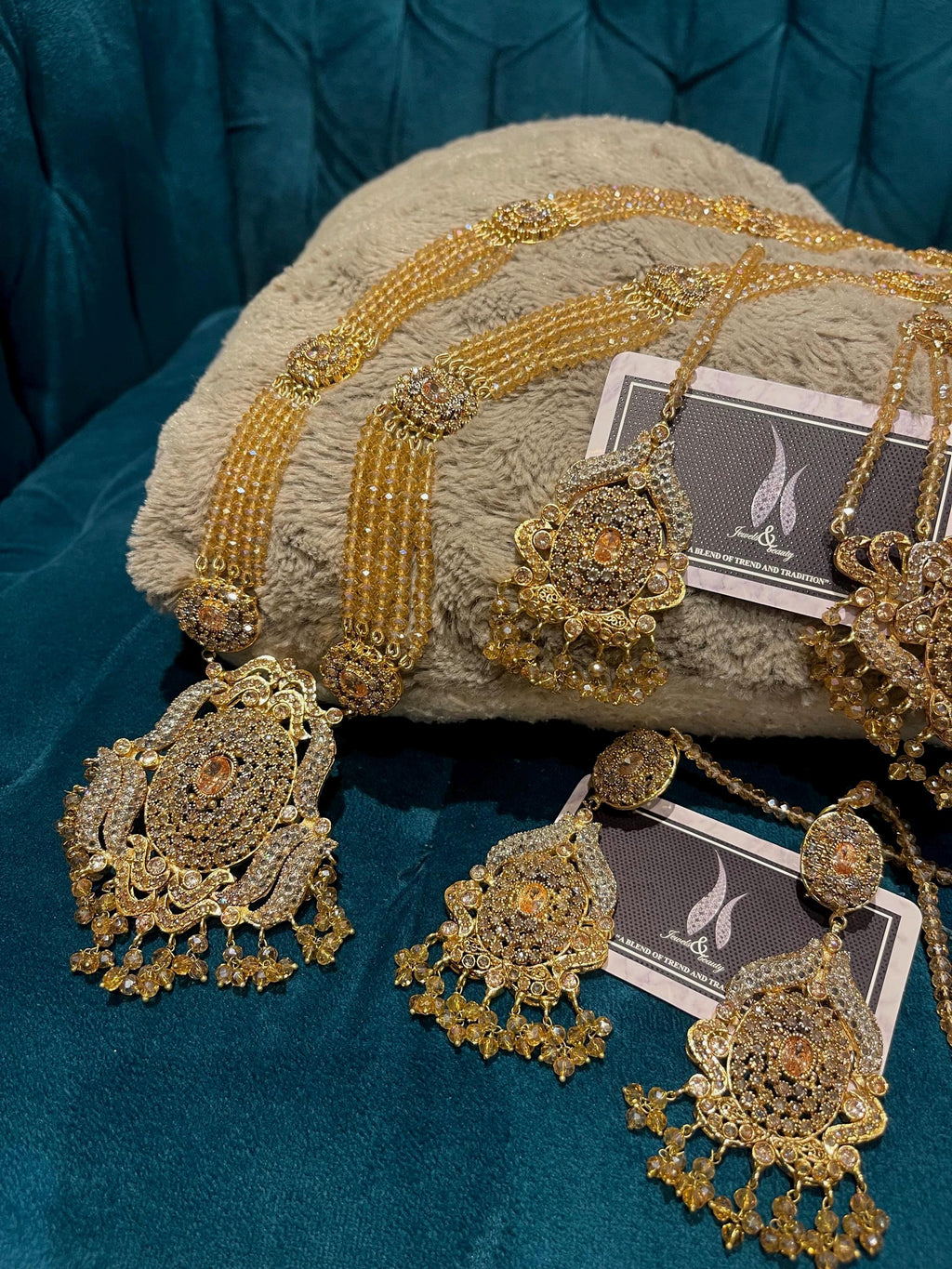 Gold Plated Pakistani Rani Haar Set: Tikka, Jhummar & Earrings