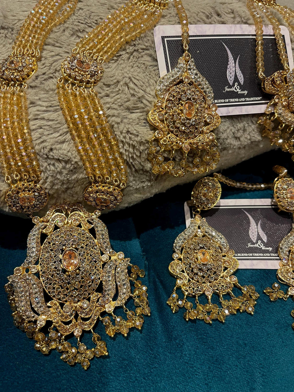 Gold Plated Pakistani Rani Haar Set: Tikka, Jhummar & Earrings