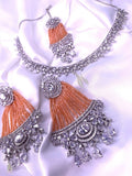 Indian Bridal CZ Diamond Necklace Set: Silver Jhummar Earrings & Tikkah