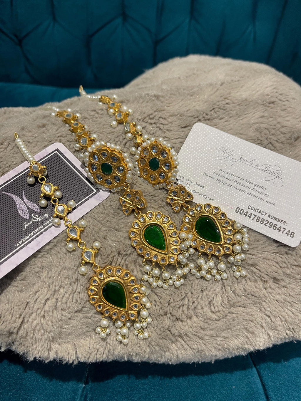 Kundan Emerald Earrings and Tikka Set: Gold Plated Indian Jewelry