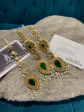 Kundan Emerald Earrings and Tikka Set: Gold Plated Indian Jewelry