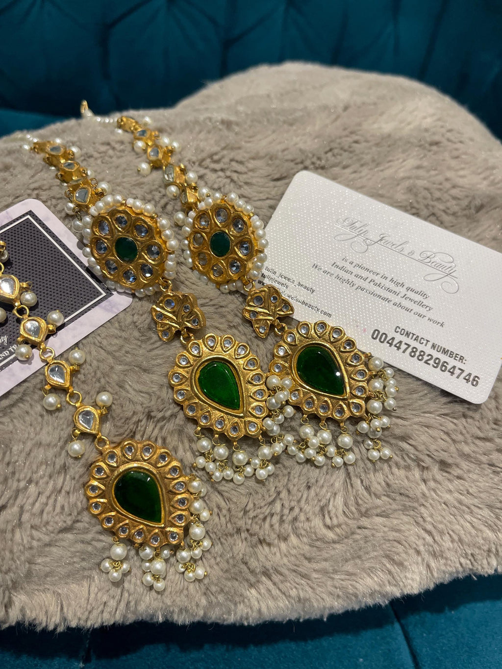 Kundan Emerald Earrings and Tikka Set: Gold Plated Indian Jewelry