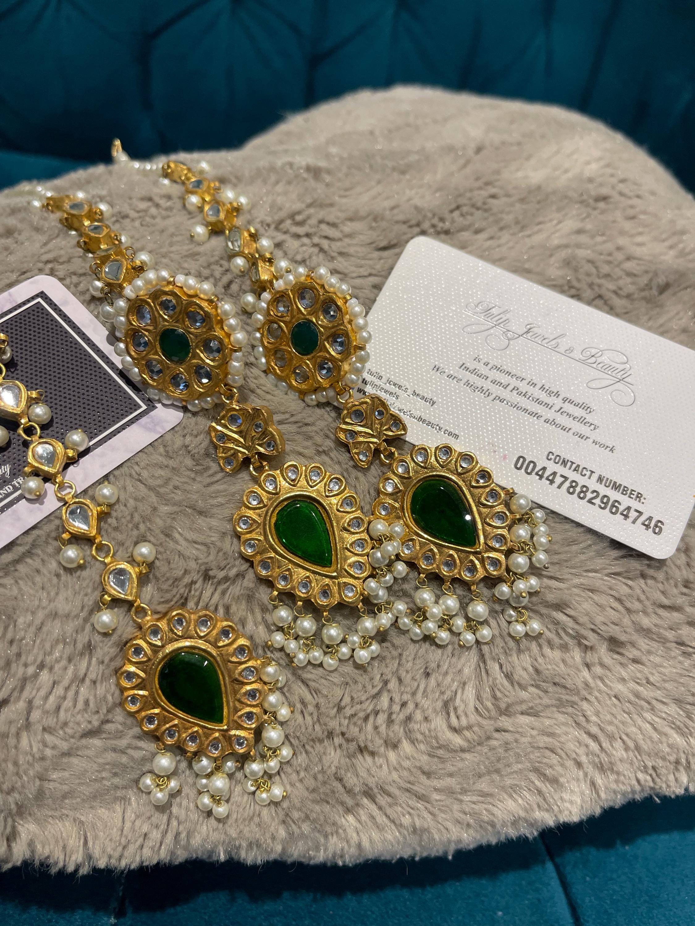 Kundan Emerald Earrings and Tikka Set: Gold Plated Indian Jewelry